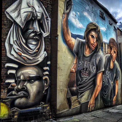 Prompt: saints street gang mural, very detailed and realistic photos with light and cinematic, perfect depiction of shadows and also the depth of the image along with all the details, the winner of the photo competition o the best in the world