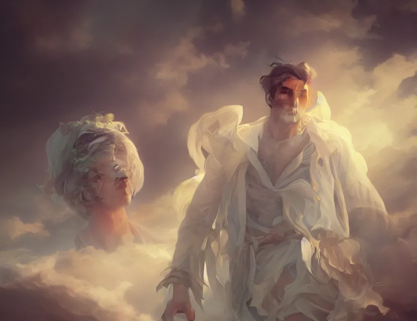 Image similar to a male wearing clouds as the clothes, morning sunrise, digital art, concept, radiant light, soft highlights, smooth render, unreal engine render, alphonse mucha krenz nixeu wlop.