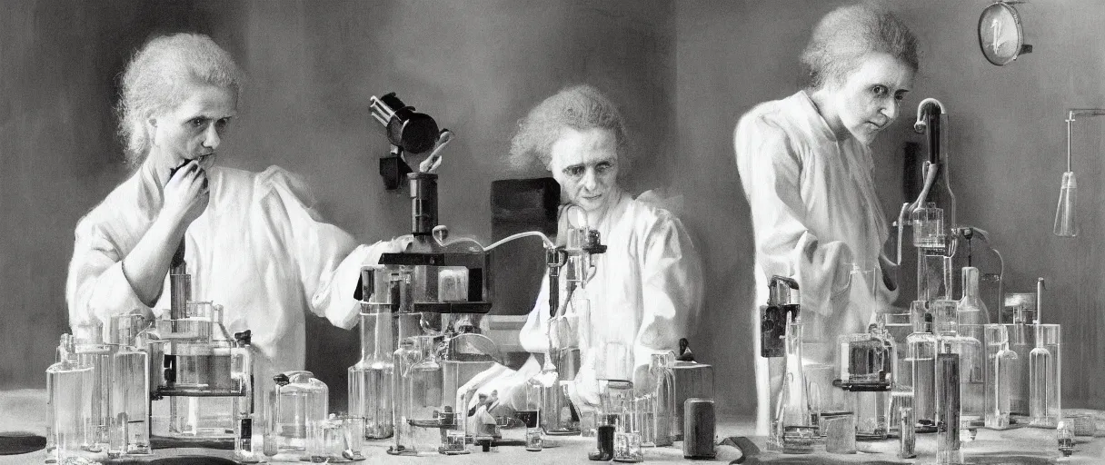 Image similar to “ a extremely detailed stunning portraits of marie curie mixing radium in laboratory by allen william on artstation ”