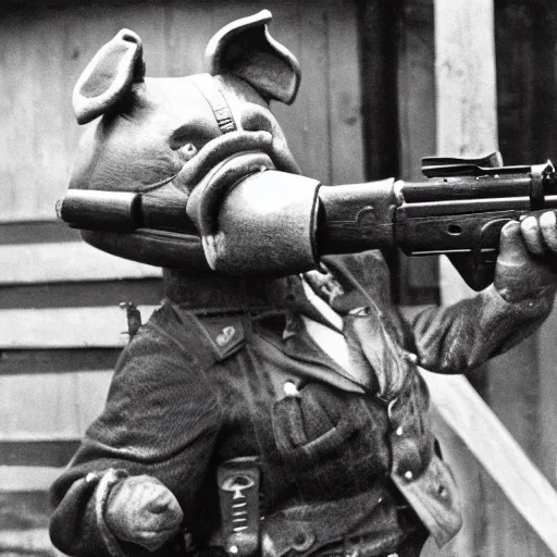 Prompt: a pig holding a gun in ww 2