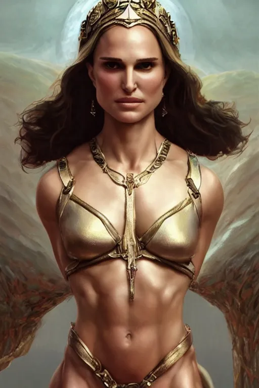 Prompt: Natalie Portman as a goddess, accurate anatomy, IFBB fitness body, only two hands, highly detailed, digital painting, artstation, concept art, smooth, sharp focus, illustration, Unreal Engine 5, 8K, art by art by artgerm and greg rutkowski and edgar maxence