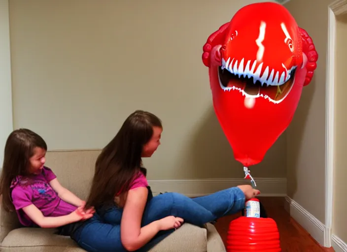 Image similar to Tyrannosaurus Rex doll being inflated to fill the living room. T-rex balloon growing to life size. Air pump, air hose, air nozzle, air tank.