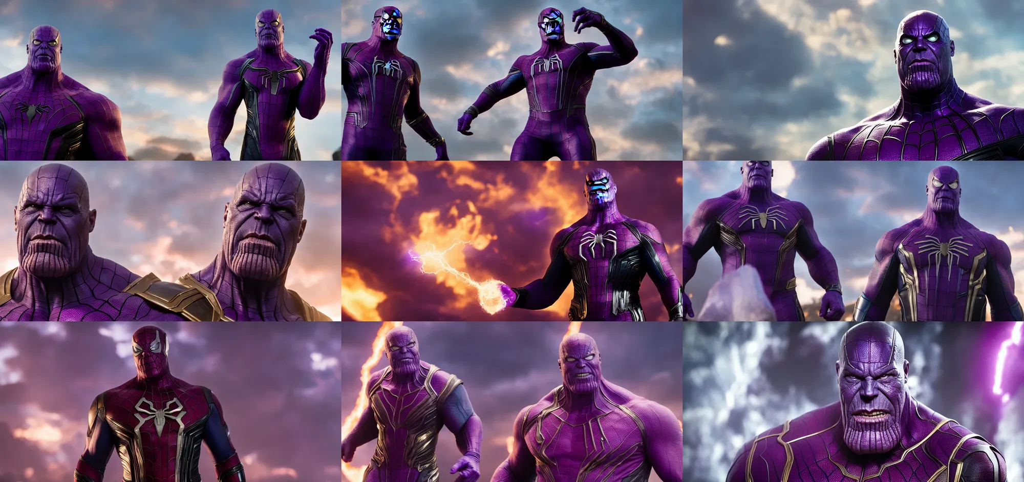 Prompt: Thanos as Spider-Man, film still, wide-shot, full shot, cinematic lens, heroic portrait