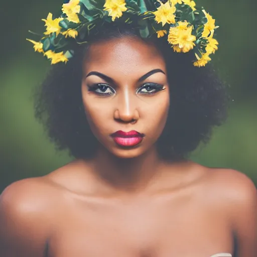 Image similar to Photo of a black woman, pretty make-up, flower crown, bold, self-confidence, cinematic focus
