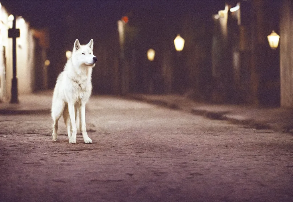 Image similar to lomo photo of a white wolf in empty dark street, cinestill, bokeh, out of focus, night, dramatic lighting, streetlight