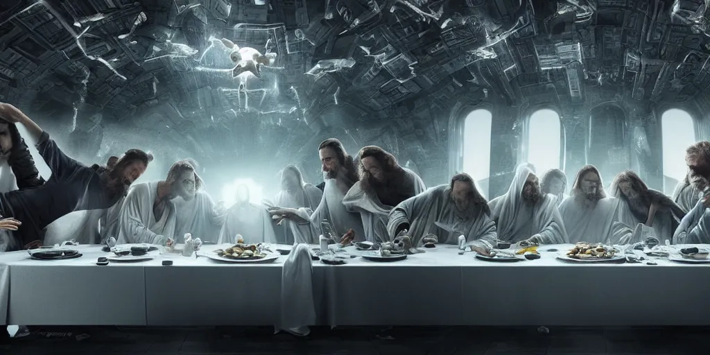 Image similar to three body problem alien, photo - realistic render, movie scene, still photo, the last supper