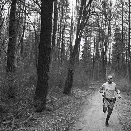 Prompt: trail cam footage of Walter White running through forest, night, photo realistic