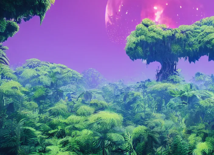 Image similar to a lush alien forest, teal sky, orange plants, birds in flight, humid alien jungle, atmospheric, exotic, unreal engine, trending on artstation