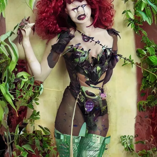 Prompt: A beautiful portrait of Charlotte Di Calypso as Poison Ivy from Batman as a Versace fashion model Spring/Summer 2010, highly detailed, in the style of cinematic, Getty images, Milan fashion week backstage, Makeup by Pat McGrath, Hair by Guido Palau, Greg rutkowski