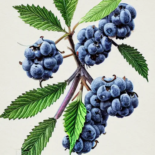 Prompt: botanical drawing of blueberry kush. Traditional art. Rustic. Nordic. 4K. Trending on artstation. Detailed Bushy. Nature. Artistic.