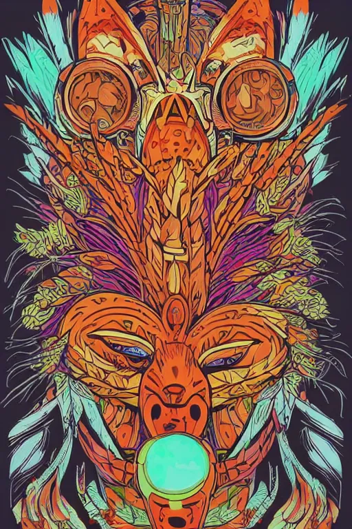 Image similar to animal mask totem roots flower tribal feather gemstone plant wood rock shaman vodoo video game vector cutout illustration vivid multicolor borderlands comics by josan gonzales and dan mumford radiating a glowing aura