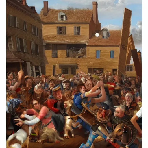 Prompt: a highly detailed oil painting of a giant dachshund smashing houses, renaissance, bystanders watching from the sides, 4 k, by ariduka 5 5, monokubo, artstation,