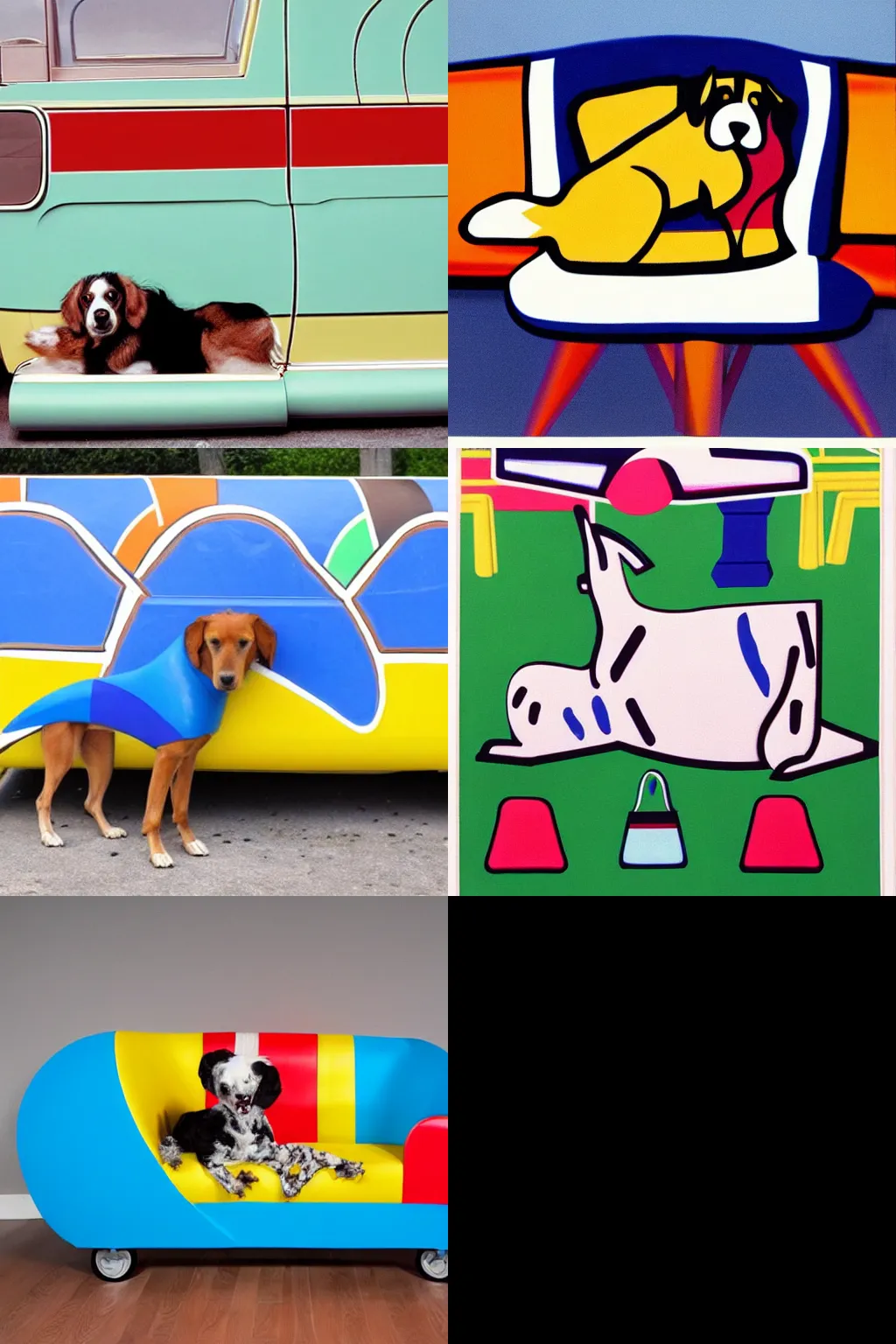 Prompt: a dog sitting on a coach! style of memphis group, 1 9 8 0 s, bold, kitch, colorful, shapes