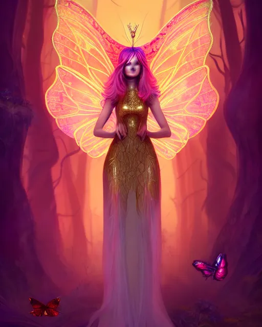 Image similar to portrait, stunningly beautiful female faerie priestess in amanita muscaria forest landscape, symmetrical wings on back, neon hair, wearing a dress of gossamer gold, inner glow, illustration, dramatic lighting, soft details, painting, art nouveau, octane render, 8 k, hd, by brom, faces by otto schmidt