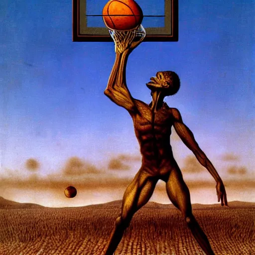 Prompt: corn man playing basketball, by zdzislaw beksinski and ernst haeckel