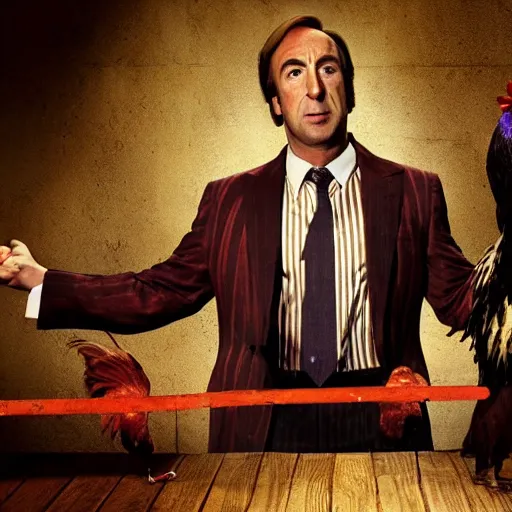 Image similar to saul goodman and a rooster in a saw movie torture chamber, saw movie jigsaw background, saul goodman, rooster, photo