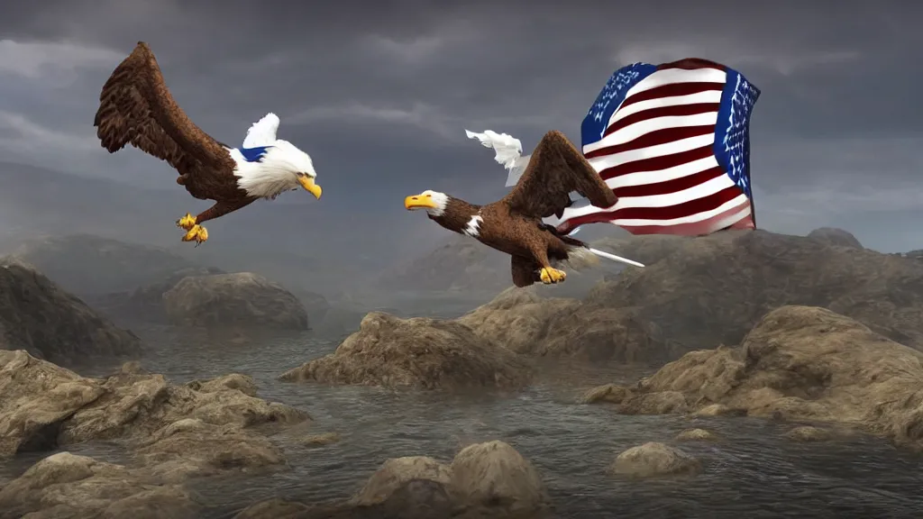 Image similar to a dog with a trident flying with a bald eagle, bald eagle, patriotic, highly detailed, unreal engine