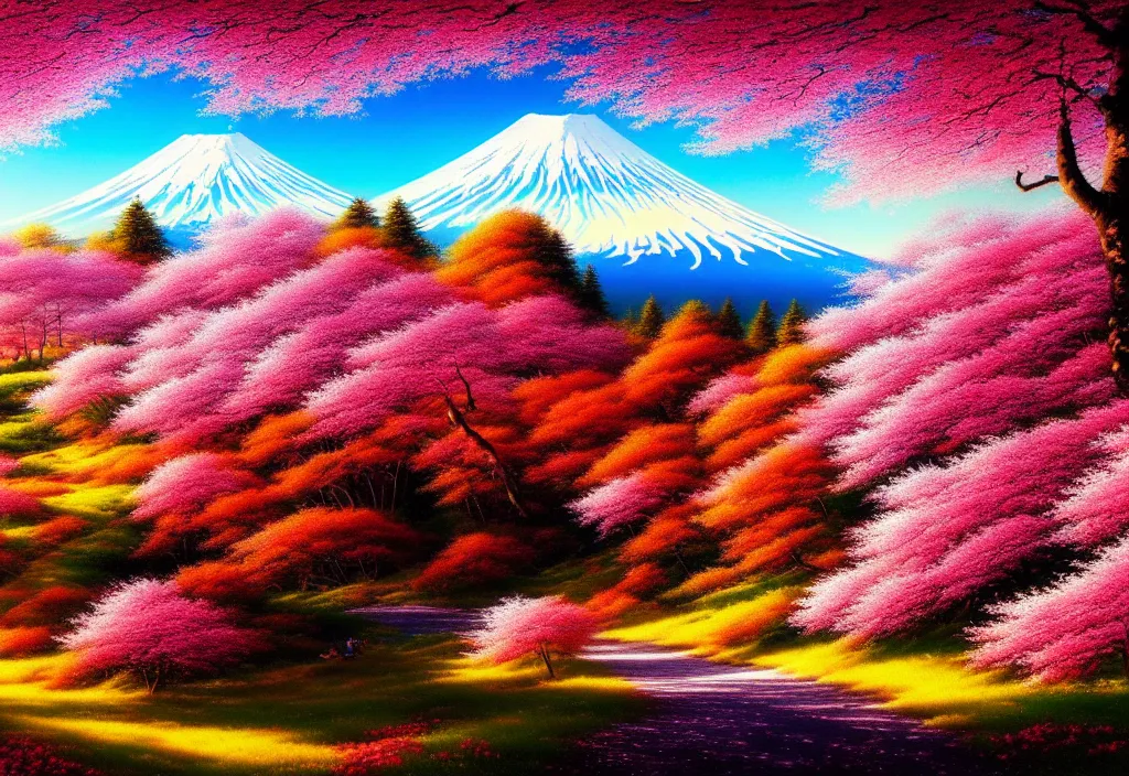 Image similar to a real photographic landscape painting with incomparable reality, wide angle, in forest, flowers, cherry blossom tree in full bloom, bright style, mount fuji, clearing, john howe, magnificent, artstation