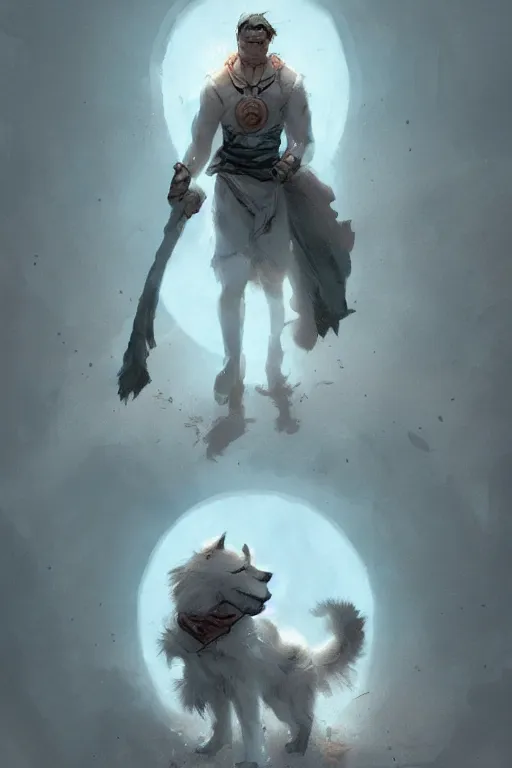 Image similar to comic book cover. heroic samoyed dog in mage clothes by greg rutkowski, trending on artstation