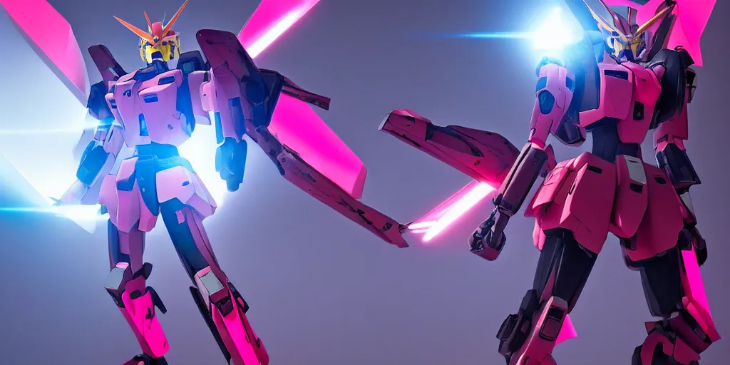 Image similar to a female gundam is in the shape of a metal beetle which left hand with laser knives, the body is full of cyber lamp, pink and red color style, daniel, intricate mechanical details, futuristic, 2 k aesthetic, dramatic lighting, 4 k, 3 d octane render, provenance, detailed, trending on artstation