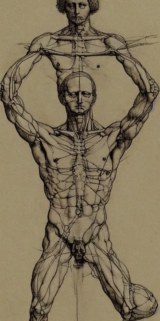 Prompt: full body anatomy sketch by Leonardo da Vinci, the vitruvian man style, highly detailed, asymmetrical