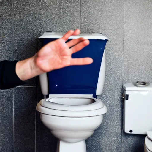 Prompt: looking out of a toilet at a man waving goodbye, photo