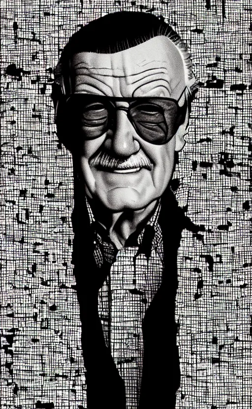 Image similar to stan lee, high contrast, standing, portrait, facing forward, face in focus, art by David Aja
