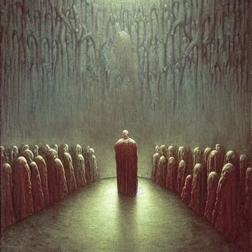 Prompt: crowd of cultists in the ancient temple of cthulhu, oil painting by beksinski and william, lake and rutkovski