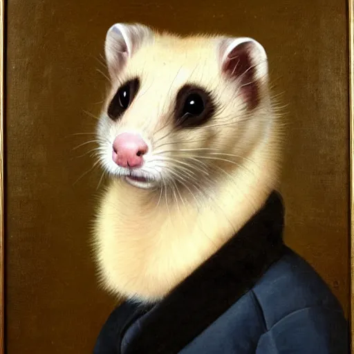 Prompt: Portrait of a Ferret with brown face markings in a general outfit , painted by Jan Willem Pieneman, Courageous, Bold, painting