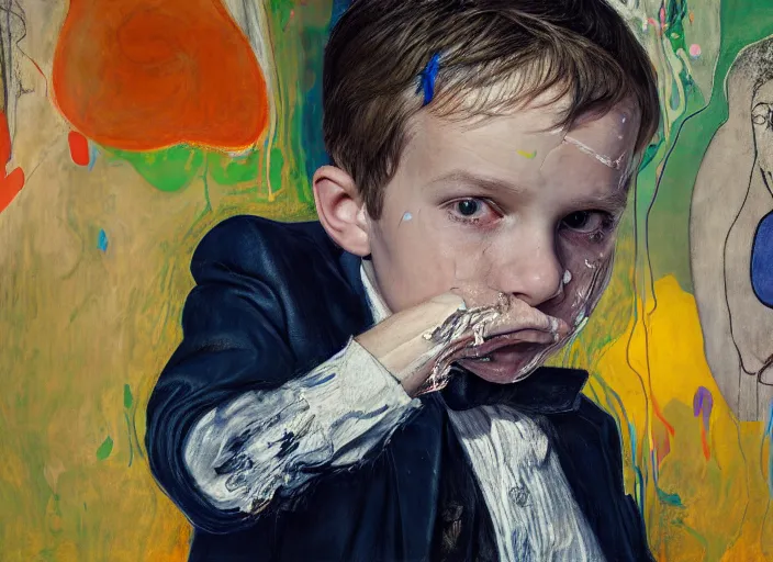 Image similar to portrait of a child wearing a suit, vincent lefevre and hernan bas and pat steir and hilma af klint, psychological, photorealistic, dripping paint, washy brush, rendered in octane, altermodern, masterpiece