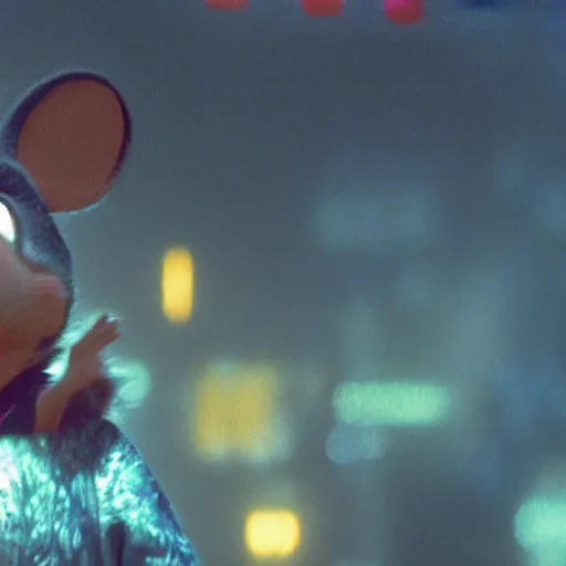 Prompt: Still of Chuck E. Cheese mouse masot, in the movie Blade Runner, cinematic lighting, 4k