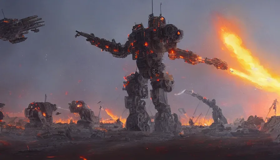 Prompt: Digital painting of humans soldiers firing missiles on giant Japanese robot, explosions, fire and ashes, smoke columns, destroyed city, apocalypse, devasted battlefield, hyperdetailed, artstation, cgsociety, 8k