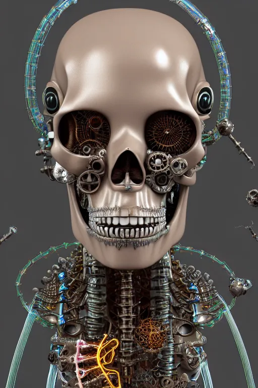 Prompt: 3D render of a STEAMpunk cyborg with translucent skull filled with a fractal of liquid mercury switches, neon eyeballs, titanium skeleton, anatomical, latex flesh and facial muscles, neon wires, microchips, electronics, veins, arteries, glowing, highly detailed, octane render, global lighting by H.R. Giger and Johanna Martine and Jeffrey Smith, background of outer space neon nebulas by Pilar Gogar, 8K HDR