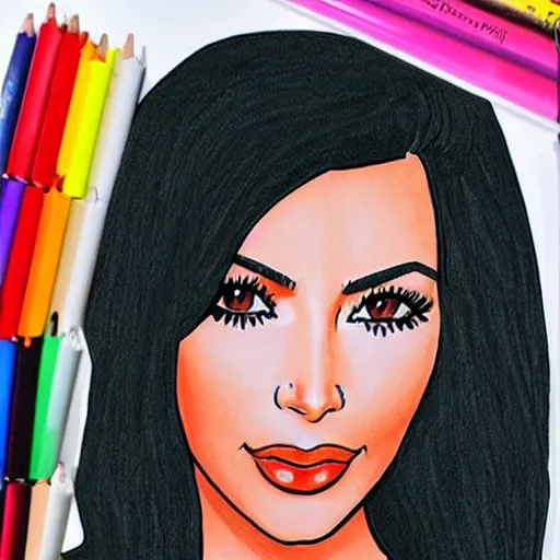 Image similar to Kim Kardashian coloring book picture in wax crayon