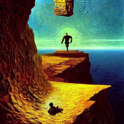 Image similar to A man climbs a cliff while coding A.I. on a laptop - award-winning digital artwork by Salvador Dali, Beksiński, Van Gogh and Monet. Stunning lighting