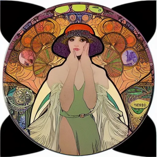 Prompt: trippy vinyl record picture disk designed by mucha, art nouveau style