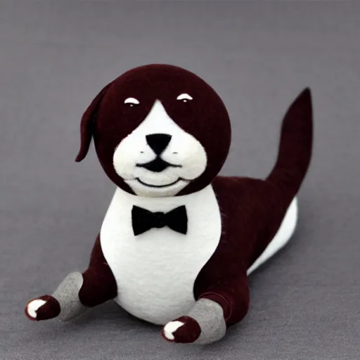 Prompt: a cute elegant felt plush doll of a dog wearing overalls detailed highly realistic