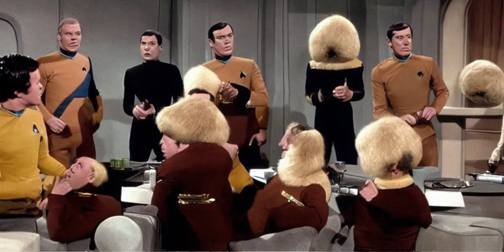 Image similar to a scene from Trouble with Tribbles, an episode of the original Star Trek series