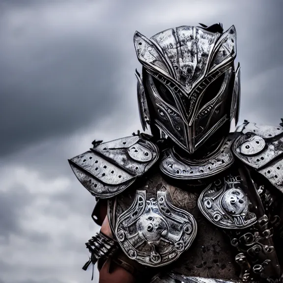 Image similar to photo of a warrior with metal owl theme armour, 4 k, hdr, smooth, sharp focus, high resolution, award - winning photo