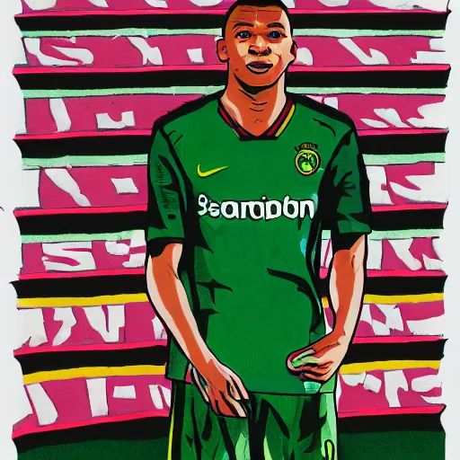 Image similar to kylian mbappe dressed with the betis football team shirt in the benito villamarin, 4 k, high contrast colors, hyper detailed!!, super fine inking lines