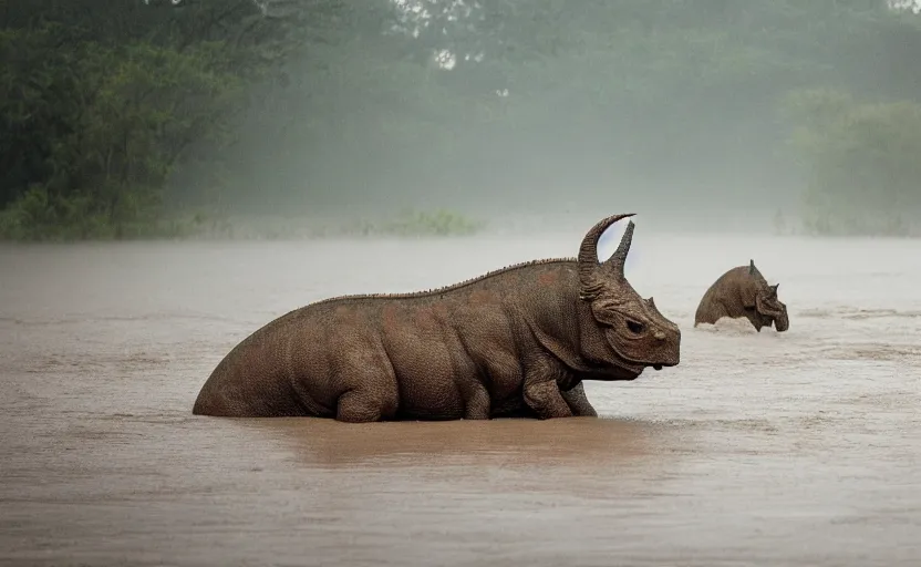 Prompt: nature photography of a rain soaked triceratops and her baby in flood waters, african savannah, rainfall, muddy embankment, fog, digital photograph, award winning, 5 0 mm, telephoto lens, national geographic, large eyes