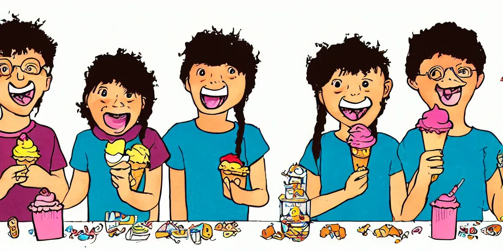 Prompt: a children's book illustration of three young kids enjoying ice cream in the style of steve simpson