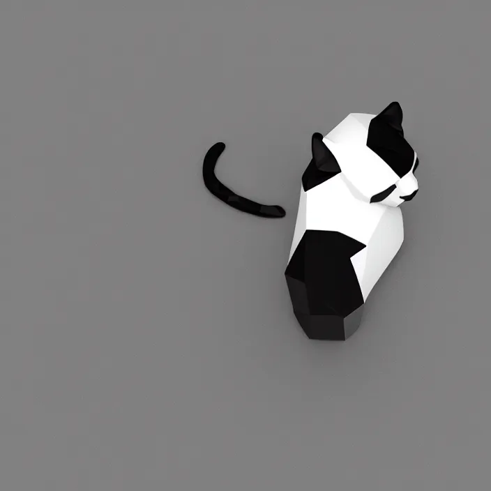 Image similar to low polygon, 3 d render, cat with black and white fur, isometric view, white background, high definition