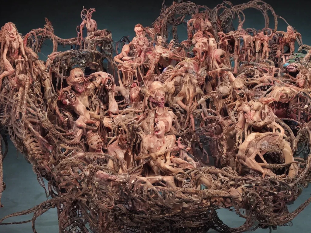 Prompt: diorama of the raft of the medusa as an animatronic schlock body horror comedy film, fun, animatronic figures, Sally Corporation, Garner Holt, Chris Walas, Rick Baker, Rob Bottin, Alec Gillis, Tom Woodruff Jr, Tom Savini, Stan Winston, lurid, vivid colors, neon lights, rubber latex, plastic, realistic materials, fleshy, Cronenberg, daylight, photo real, wet, slimy, wide angle, rule of thirds, 28mm, 1984, Eastman EXR 50D 5245/7245