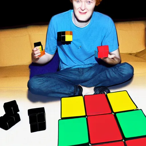 Prompt: photograph of James Acaster jugging rubiks cubes