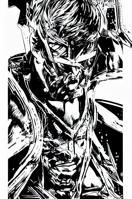 Prompt: raiden from metal gear rising, a page from cyberpunk 2 0 2 0, style of paolo parente, style of mike jackson, adam smasher, johnny silverhand, 1 9 9 0 s comic book style, white background, ink drawing, black and white, colouring pages