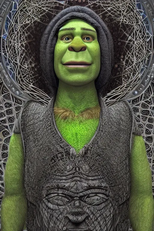 Prompt: cinematic portrait of Shrek. Centered, uncut, unzoom, symmetry. charachter illustration. Dmt entity manifestation. Surreal render, ultra realistic, zenith view. Made by hakan hisim feat cameron gray and alex grey. Polished. Inspired by patricio clarey, heidi taillefer scifi painter glenn brown. Slightly Decorated with Sacred geometry and fractals. Extremely ornated. artstation, cgsociety, unreal engine, ray tracing, detailed illustration, hd, 4k, digital art, overdetailed art. Intricate omnious visionary concept art, shamanic arts ayahuasca trip illustration. Extremely psychedelic. Dslr, tiltshift, dof.  64megapixel. complementing colors. Remixed  by lyzergium.art feat binx.ly and machine.delusions. zerg aesthetics. Trending on artstation, deviantart