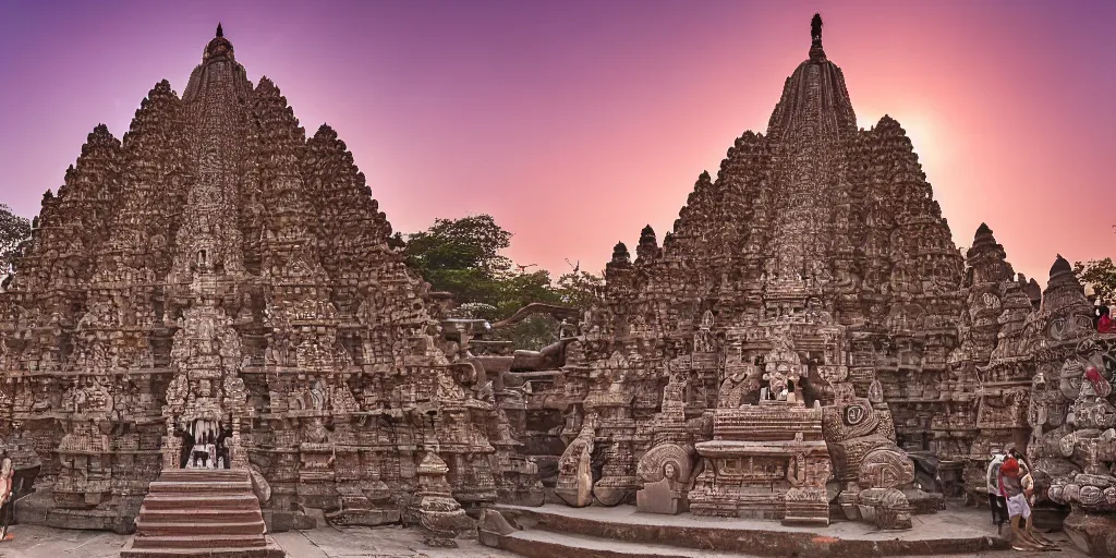 Image similar to an award winning wide angle photo of a giant and intricately carved stone Ghanesha temple, at sunset, punja ritual, crowds of humble worshipers present offerings, beautiful, inspiring