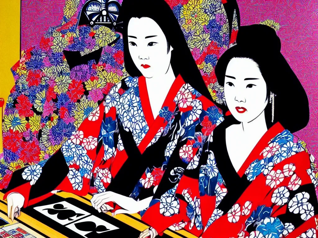 Image similar to hyperrealistic composition of the detailed woman in a japanese kimono sitting at a extremely detailed poker table with detailed darth vader, fireworks, mount fuji on the background, pop - art style, jacky tsai style, andy warhol style, acrylic on canvas