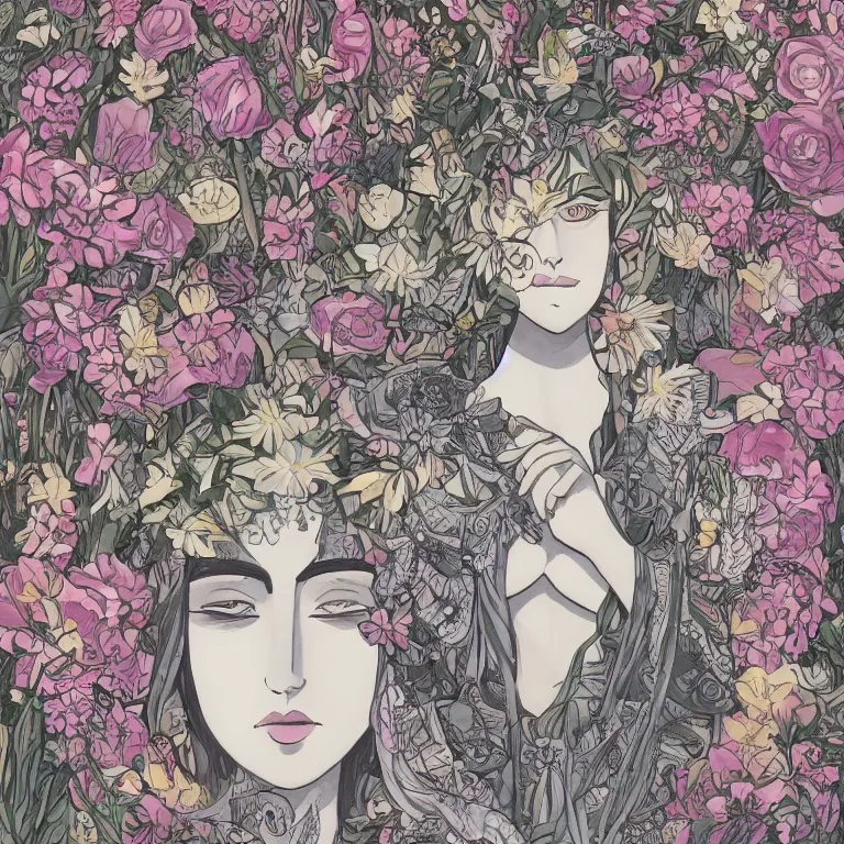 Image similar to young goddess, beautiful symmetrical face detailed face, realistic proportions, wearing a dark grey dress, peering from behind an enormous conical pile of skulls with flowers in the background, lush painting in the style of studio ghibli